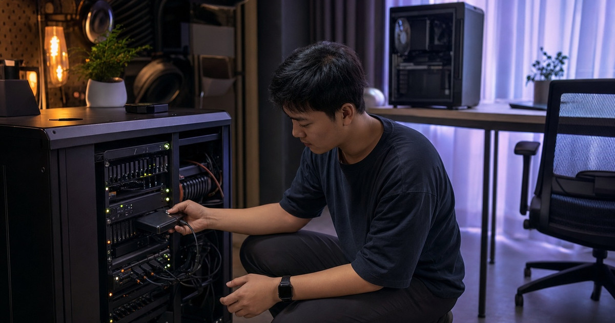 Self-hosted AI backup and recovery review with an operator checking an agent server and encrypted storage