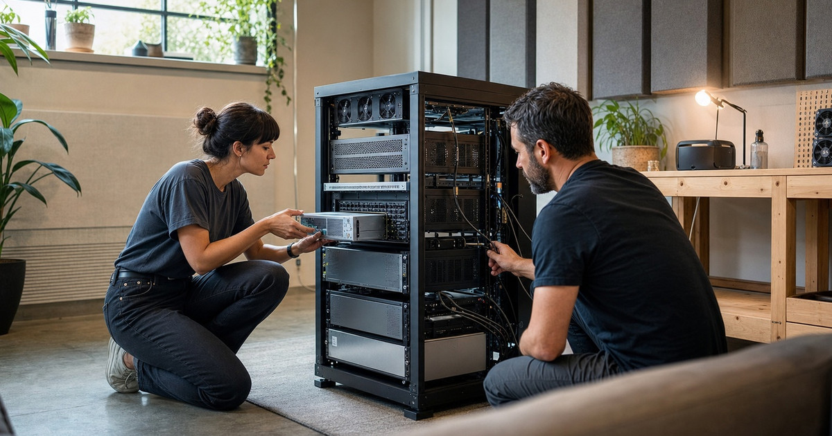 Two-person team working beside a modular self-hosted AI hardware stack